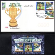 AUSTRALIA 2003 VERY SCARCE WAGGA STAMP FAIR OVERPRINT NUMBER 003 IN RED ON MS & COVER 1ST DAY OF FAIR RUGBY WORLD CUP - Varietà & Curiosità