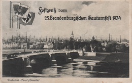 Litho AK Forst Lausitz Festgruß 25 Brandenburgisches Gauturnfest 1934 NS  Kegeldamm Brücke Skaren Berge Pförten Scheuno - Forst