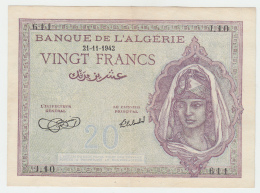 Algeria 20 Francs 1942 VF++ CRISP Banknote P 92a 92 A - Argelia