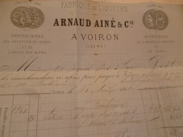 Facture Illustrée Voiron Isère 1868 Arnaud Ainé Fabrique De Liqueurs Génépi Arole Des Alpes Adonis Alba - Food