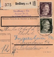 Paketkarte Affr Michel 794 + 797 Obl STRASSBURG (ELS) 4 Du 29.2.44 Pour Ingersheim - Brieven & Documenten