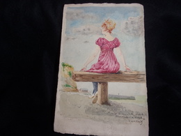 Delcampe - ( La Femme Du Bord De Mer ) Authentique Aquarelle  13, 5 X 21 . Bon Souvenir De St Valéry . A Mademoiselle...2 Scans . - Acquarelli