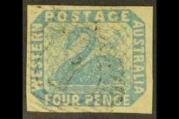 WESTERN AUSTRALIA 1854-55 4d Pale Blue Imperf., SG 3, Very Fine Used With 4 Large Margins & Delicate Numeral Pmk. A Beau - Sonstige & Ohne Zuordnung