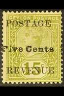 1890 5c On 15c Olive-green Local Surcharge With "Flve For Five" Variety, SG 233c, Fine Mint. With APEX Photo Certificate - Ceylan (...-1947)