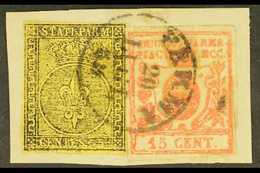 PARMA 1852 5c Black On Orange Yellow And 1857 15c Vermilion, Sass 1 + 9, Fine Used On Piece With Parma 1859 Cds Cancel.  - Non Classificati