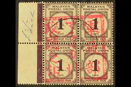 MALACCA 1942 1c Slate Purple, Straits Settlements Postage Due, Marginal Block Of 4, With Complete "Malacca Chop", SG JD1 - Andere & Zonder Classificatie