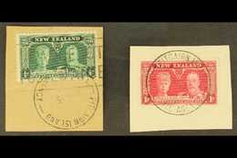 1935 New Zealand ½d Green And 1d Carmine Silver Jubilee, Each On Piece Tied By Fine Full "PITCAIRN ISLAND / N.Z. POSTAL  - Pitcairn