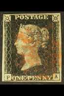1840 1d Black, SG 2, Check Letters "P-A" Plate 9 With Red Maltese Cross Cancellation, 4 Clear Margins For More Images, P - Unclassified