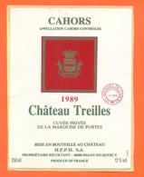 étiquette Autocollante Sur Support Cahors Chateau Treilles 1989 HPPH à Bagat En Quercy - 75 Cl - Cahors