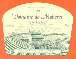 étiquette De Vin De Bordeaux Gaillac Domaine De Molières 1992 Haréfield à Gaillac - 75 Cl - Gaillac