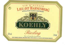 ETIQUETTE ALCOOL VIN ALSACE RIESLING KOEHLY LIRU-DIT HAHNENBERG 67 KINTZHEIM - Riesling