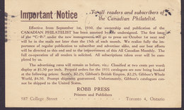 Canada Postal Stationery Ganzsache Entier 1c. GV. PRIVATE Print CANADIAN PHILATELIST (1930?) (No Date Or Year In Cds.) - 1903-1954 De Koningen