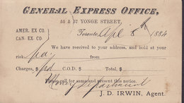 Canada Postal Stationery Ganzsache Entier 1c. Victoria PRIVATE Print GENERAL EXPRESS OFFICE, TORONTO 1884 (2 Scans) - 1860-1899 Reinado De Victoria