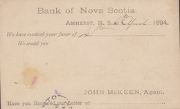 Canada Postal Stationery Ganzsache Entier 1c. Victoria PRIVATE Print BANK OF NOVA SCOTIA, AMHERST 1894 (2 Scans) - 1860-1899 Regno Di Victoria