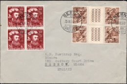 Switzerland 1948 Tête-bêche Bridged Lock Of 5 Rp. + 5, Block Of Wengi-stamps On Letter, 23.III.50 To Harrow, Britain - Briefe U. Dokumente