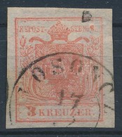 O 1850 3kr HP Ia Sápadtvörös, Kiemelt Középrész, Lemezhiba Nagy Papierkorn / Pale Red, Highlighted Middle Part, Plate Fl - Otros & Sin Clasificación