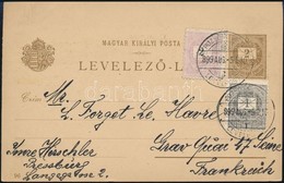 1899 Millenniumi Díjjegyes Levelezőlap 1kr + 2kr Díjkiegészítéssel Pozsonyból Franciaországba / PS-card With 1kr + 2kr A - Sonstige & Ohne Zuordnung