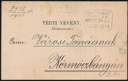 1903 Tértivevény DÓCZY FŰRÉSZE BARS VM. Postaügynökségi Bélyegzéssel / Return Receipt With Postal Agency Postmark - Altri & Non Classificati