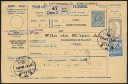 1917 Csomagszállító Arató 25f + Parlament 2K Bérmentesítéssel Törökországba Küldve, Hátoldalán Török Illeték / Parcel Ca - Sonstige & Ohne Zuordnung