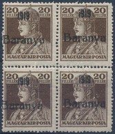 ** Baranya I. 1919 Károly 20f Négyestömb, Egy érték 'szakadt 1-es' Tévnyomattal / Mi 36 Block Of 4, Overprint Variety. S - Otros & Sin Clasificación