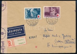1944 Ajánlott, Cenzúrázott Légi Levél 2 Db Vöröskereszt Bélyeggel Bécsbe / Registered, Censored Airmail Cover To Vienna  - Sonstige & Ohne Zuordnung