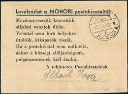 1945  Nyomtatott Levélzárlat A Monori Postahivatalból Albertirsára, útőri Futár Postával, Rendkívül Ritka, Szép Darab! / - Sonstige & Ohne Zuordnung