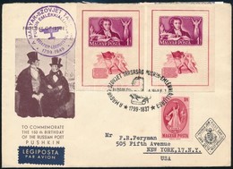 1949 Puskin Bélyeg és Blokkpár Légi FDC-n New Yorkba / Mi 1039 + Block 14 Perforated + Imperforate On Airmail FDC To New - Other & Unclassified