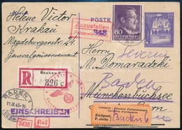 Generalgouvernement 1943 Cenzúrázott Díjkiegészített Díjjegyes Levelezőlap Ajánlva Svájcba Küldve / Registered PS-card W - Other & Unclassified