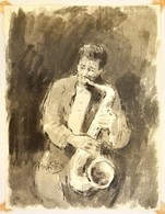 Gyémánt László (1935-): Jazz Szaxofonos. Lavírozott Tus, Papír, Jelzett, 31×21 Cm - Otros & Sin Clasificación