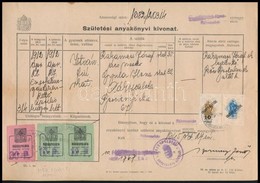 1945 Rákospalota Születési Anyakönyvi Kivonat Városi Illetékbélyegekkel. Elcsúszott Felülnyomással Felülnyomott 1P és 2P - Non Classificati