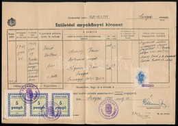 1945 Szeged 5P Hármascsík Városi Illetékbélyegek . Születési Anyakönyvi Kivonaton / City Document Stamps - Unclassified