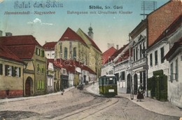 T2/T3 Nagyszeben, Hermannstadt, Sibiu; Vasút Utca, Orsolya-rendi Zárda, Villamos, Fenig A. üzlete / Bahngasse, Ursulinen - Ohne Zuordnung