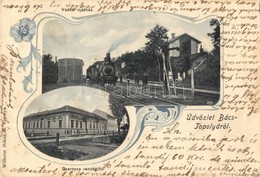 * T2/T3 1905 Bácstopolya, Topolya, Backa Topola; Vasúti Indóhátz, Vasútállomás, Gőzmozdony, Csernyus Vendéglő. Wilheim M - Non Classés