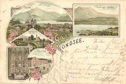 T3 1895 (Vorläufer!) Mondsee, Landungsplatz Und Banhof, Gasthof Ur Post, Hochaltar, Mariahilferberg Mit Kirchlein / Port - Non Classés