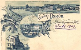 * T1/T2 1903 Skopje, Üsküb; Rue Des Consulats Sur Le Wardar, Place De La Foire Et Konak, Forteresse / River Vardar, Fort - Non Classificati