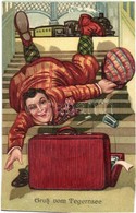 ** T2/T3 Tegernsee, Gentleman With Luggage At The Railway Station. Litho Leporellocard - Zonder Classificatie