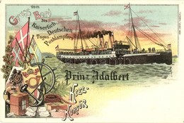 ** T1/T2 Gruss Vom Bord Des Kaiserlichen Deutschen Tages-Postdampfers Prinz Adalbert. Kiel-Korsör. Gebr. Israel Floral,  - Ohne Zuordnung