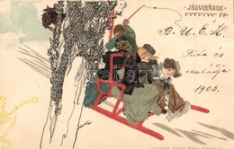 T2 1903 Jégvirágok IV. / Frostwork, Sledding Ladies, Unisgned Raphael Kirchner Art Postcard, Kosmos Litho - Non Classés