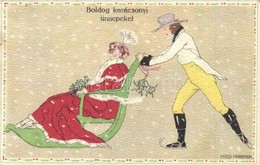 T2 Boldog Karácsonyi Ünnepeket! / Christmas Greeting Art Postcard With Ice Skating Man And Sledding Lady. B.K.W.I. 3091- - Non Classificati