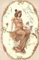 T2 Art Nouveau Lady Art Postcad. Emb. Litho - Ohne Zuordnung