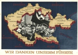 * T2/T3 Wir Danken Unserm Führer / NSDAP German Nazi Party Propaganda, Adolf Hitler, Konrad Henlein, Map Of The Czech Re - Zonder Classificatie
