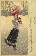 T2/T3 1902 Schneeflocken / Flocons De Neige / Lady Ice Skating In Winter. Art Nouveau Emb. Litho (EB) - Ohne Zuordnung