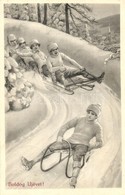 T2 1913 Boldog Újévet! / New Year Greeting Art Postcard With Sledding People In Winter. Serie 201. 1-4. - Zonder Classificatie