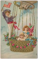 * T2 Children In An Airship. American Flag Greeting Card, Golden Emb. Litho - Non Classificati