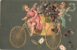 * T2 New Year Greeting Art Postcard. Angels On Bicycle. Emb. Litho - Unclassified