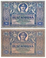 1919. Augusztus 9. 20K (2x) Egyik Színhiányos T:II-,III Szép Papír 
/ Hungary 9th August 1919. 20 Korona (2x) One Missin - Non Classificati