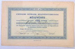 Csenger 1910. 'Csengeri Népbank Részvénytársaság' Névre Szóló Részvénye 100K-ról, Szelvényekkel T:I-,II / Hungary / Csen - Non Classés