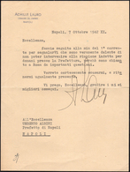 1942 - ACHILLE LAURO - Lettera Dattiloscritta Datata Napoli 7/10/1942 A Firma Di Achille Lauro, Arma... - Sonstige & Ohne Zuordnung
