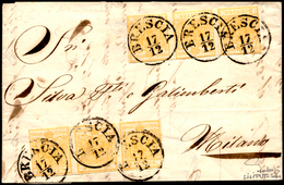 1852 - 5 Cent. Giallo Ocra (1), Due Strisce Di Tre, Ritagliate Lilliput, Su Lettera Da Brescia 17/12... - Lombardy-Venetia