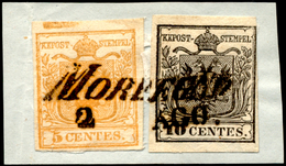 1850 - 5 Cent. Giallo Ocra, Spazio Tipografico In Alto, 10 Cent. Nero (1m,2), Perfetti, Usati Su Fra... - Lombardy-Venetia